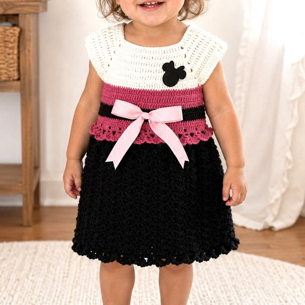 Handmade Crochet Toddler Dress 12-18M Pink Black White Minnie Inspired Bow